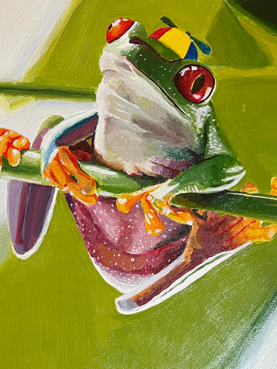 Painting of a frog with a hat.