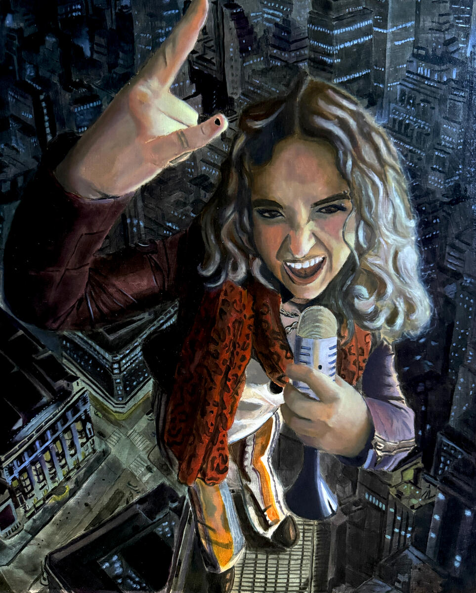 Portrait of a woman on top of a New York skyscraper.